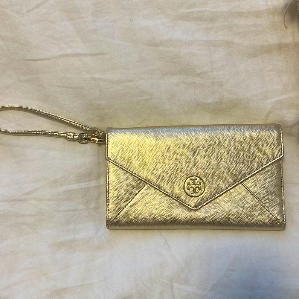 Gold Tory Burch evening clutch